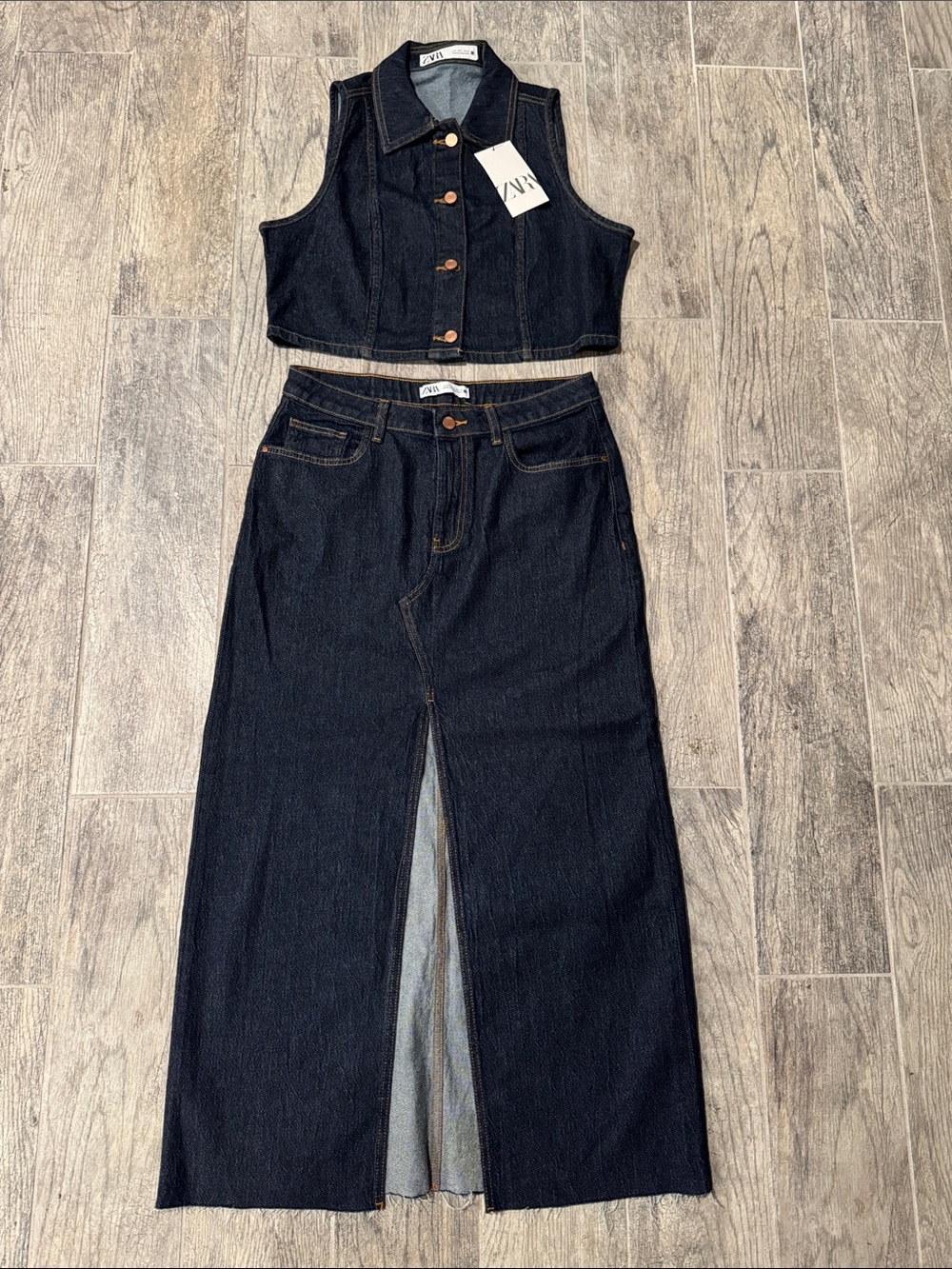 Zara Dark Indigo Denim Crop Vest & Maxi Skirt Set